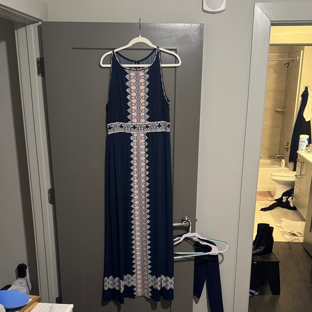 Elegant Navy and Pink Embroidered Maxi Dress